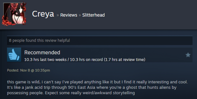 Screenshot showing a Steam user review of Slitterhead.